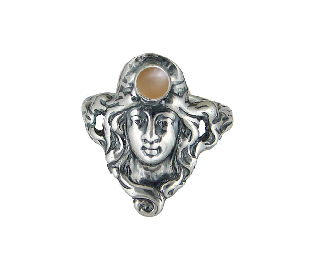 Sterling Silver Garden Woman Maiden Ring With Peach Moonstone Size 8